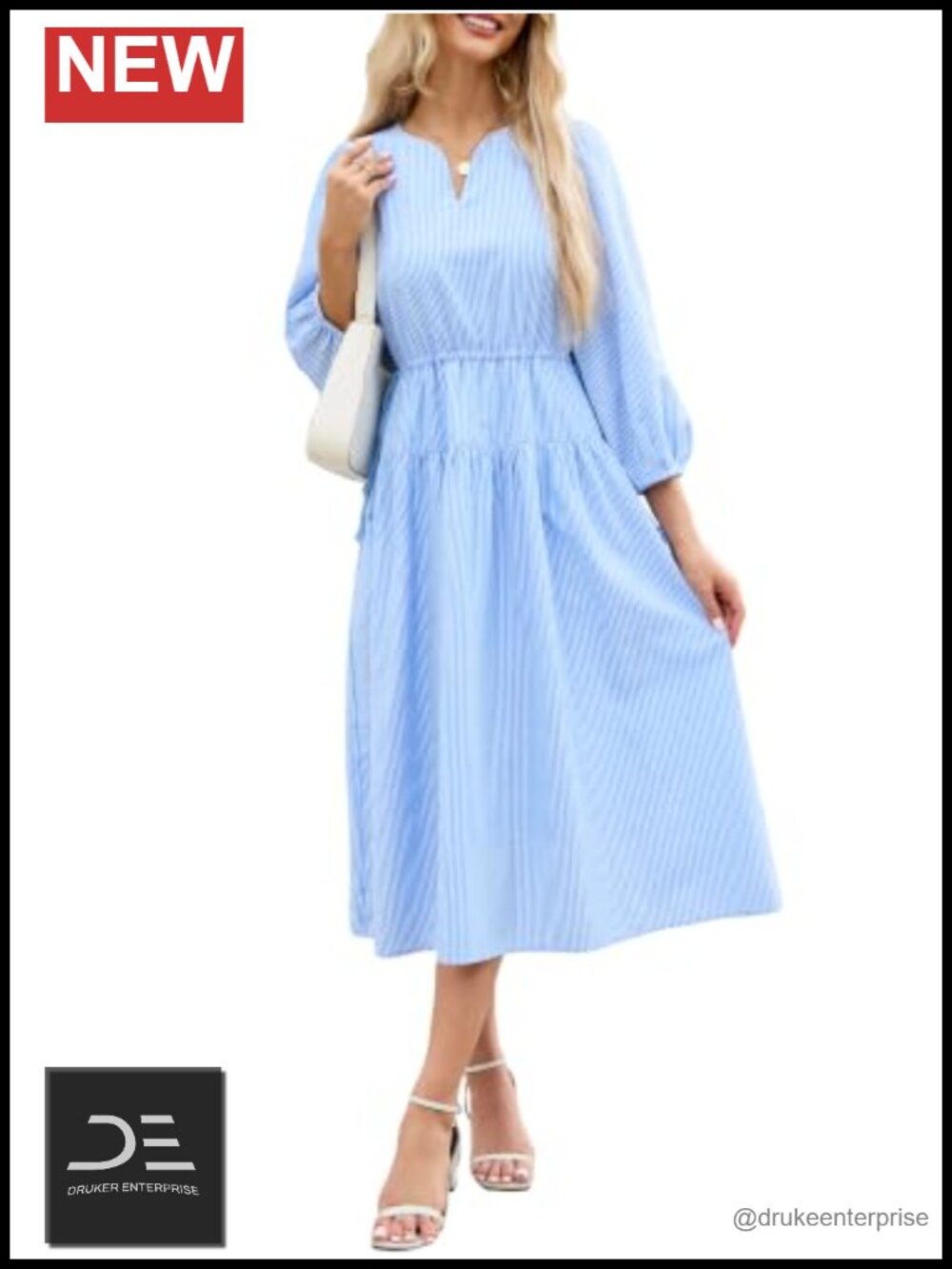 Striped Midi Dress 3/4 Sleeve V Neck Cotton Shirt Dress A-Line Loose Fit